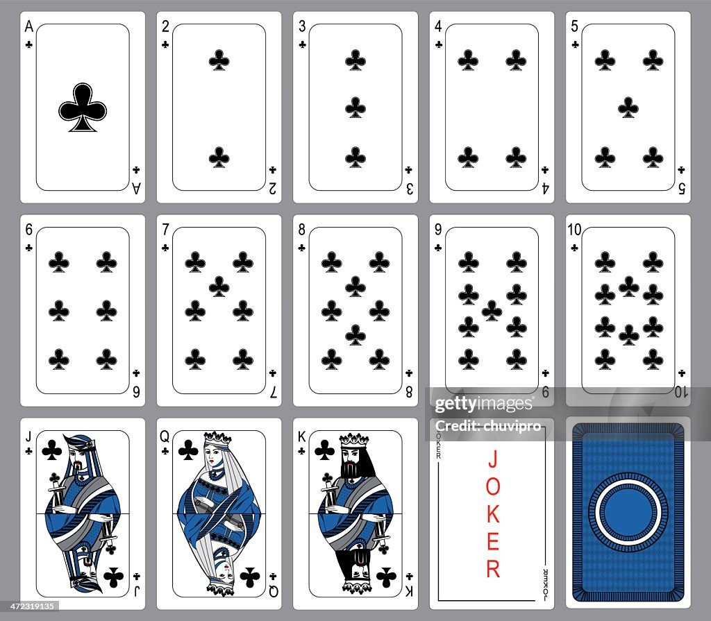 Set Playing cards of clubs.