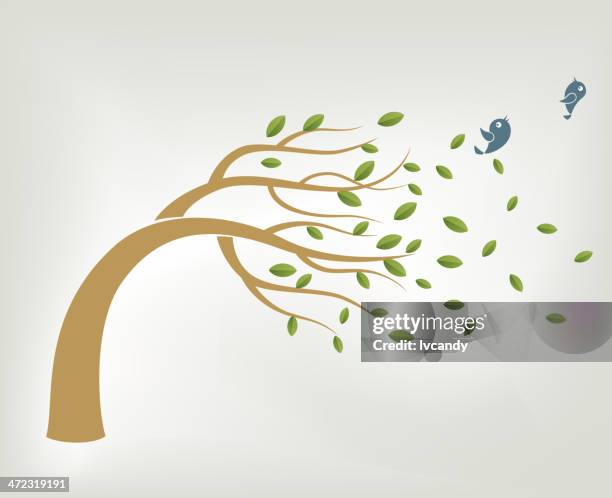 ilustraciones, imágenes clip art, dibujos animados e iconos de stock de las hojas están hechos de distancia por el viento - encorvado
