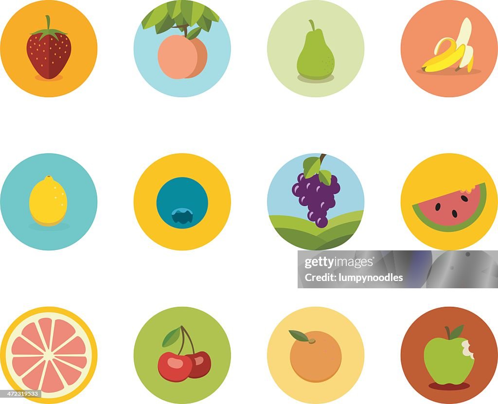 Array of flat fruit icons in circles on a white background