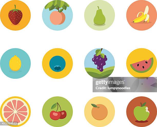 array of flat fruit icons in circles on a white background - pink grapefruit stock illustrations