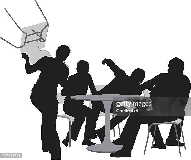 silhouettes of a female throwing chair on friends - friend mischief stock illustrations