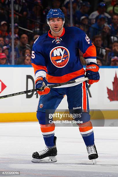 Johnny Boychuk of the New York Islanders skates against the Washington Capitals during Game Three of the Eastern Conference Quarterfinals during the...