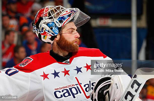 Braden Holtby of the Washington Capitals skates against the New York Islanders during Game Three of the Eastern Conference Quarterfinals during the...