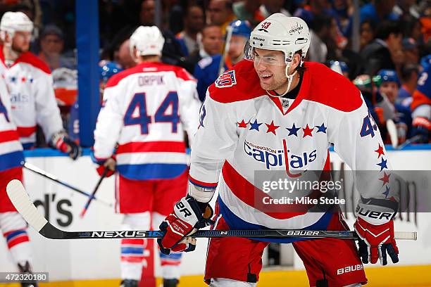 Tom Wilson of the Washington Capitals skates against the New York Islanders during Game Three of the Eastern Conference Quarterfinals during the 2015...