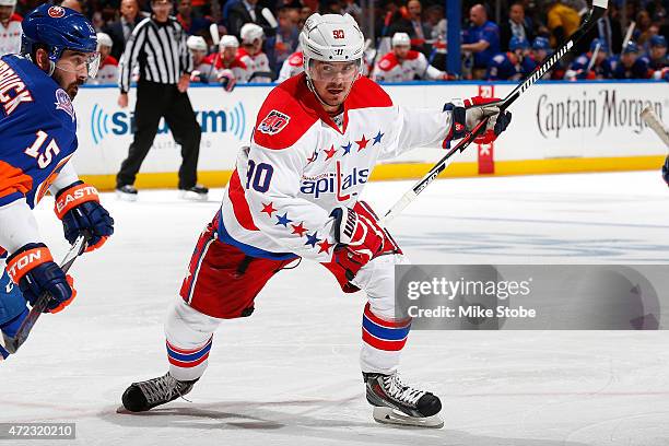Marcus Johansson of the Washington Capitals skates against the New York Islanders during Game Three of the Eastern Conference Quarterfinals during...