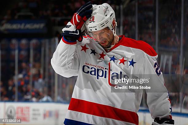 Troy Brouwer of the Washington Capitals skates against the New York Islanders during Game Three of the Eastern Conference Quarterfinals during the...