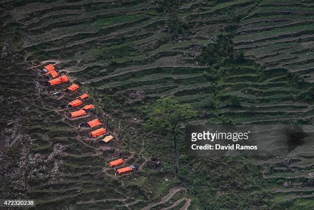 Makeshift shelters are seen from an Indian helicopter on May 6, 2015 in Hulchuk, Nepal. A major 7.9 earthquake hit Kathmandu mid-day on Saturday 25th...