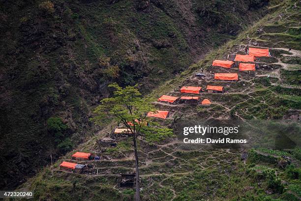 Makeshift shelters are seen from an Indian helicopter on May 6, 2015 in Hulchuk, Nepal. A major 7.9 earthquake hit Kathmandu mid-day on Saturday 25th...