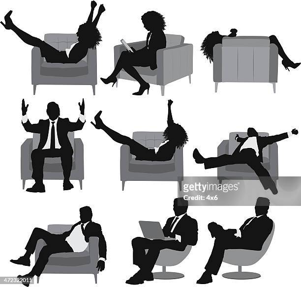 silhouette of business executives in different poses - armchair stock illustrations