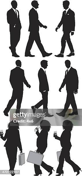 multiple silhouettes of business people - man walking silhouette stock illustrations