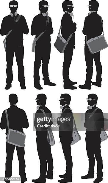 multiple images of a casual man with shoulder bag - eyeglasses stock illustrations