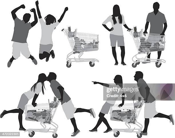 couple with shopping cart - impulsive shopping stock illustrations