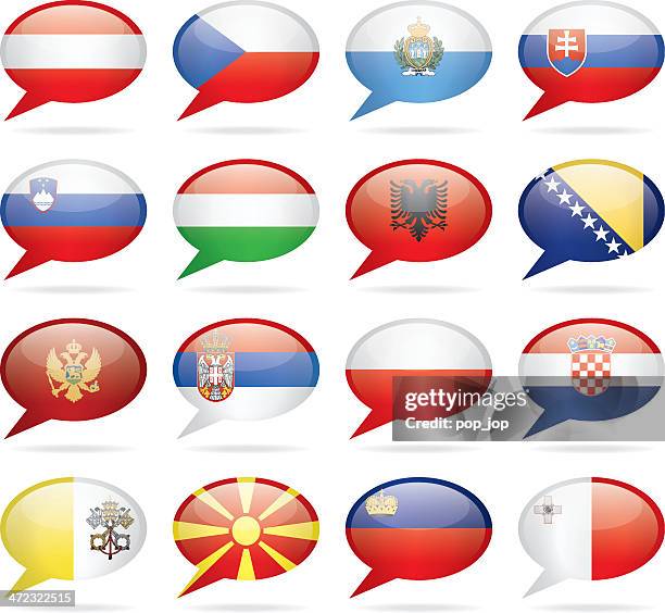 sprechblase mittel- und südeuropa flags - austria flag stock-grafiken, -clipart, -cartoons und -symbole