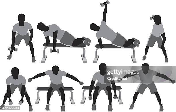 man exercising with dumbbells - exercise routine stock illustrations