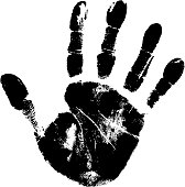 Large black handprint on white paper