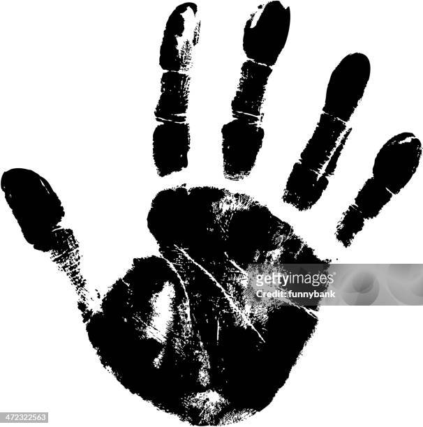 large black handprint on white paper - stop gesture stock illustrations