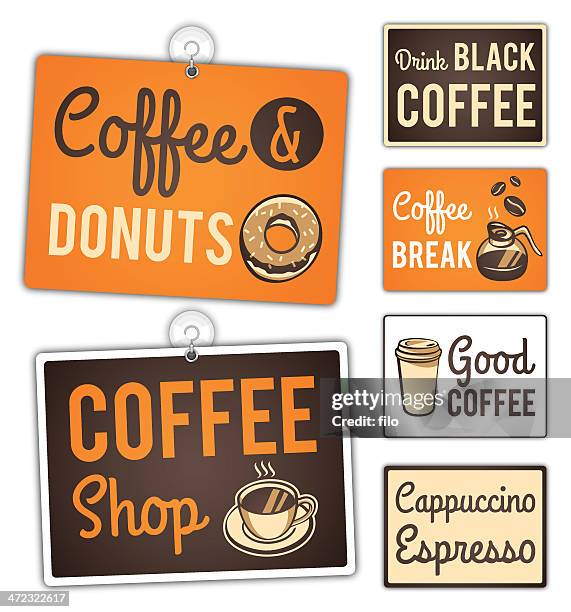 ilustraciones, imágenes clip art, dibujos animados e iconos de stock de cafetería las señales - rosquillas