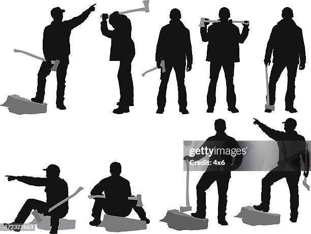 multiple silhouettes of lumberjack - forestry industry stock illustrations