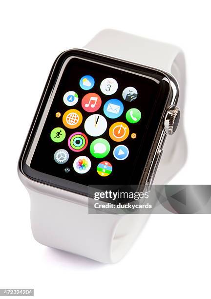 apple watch 38mm stainless steel white sport band with clippingpath - smartwatch stockfoto's en -beelden
