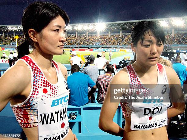 Mayumi Watanabe and Anna Doi speak after their disqualification in the round one of the women?s 4 x 100 metres on day two of the IAAF/BTC World...