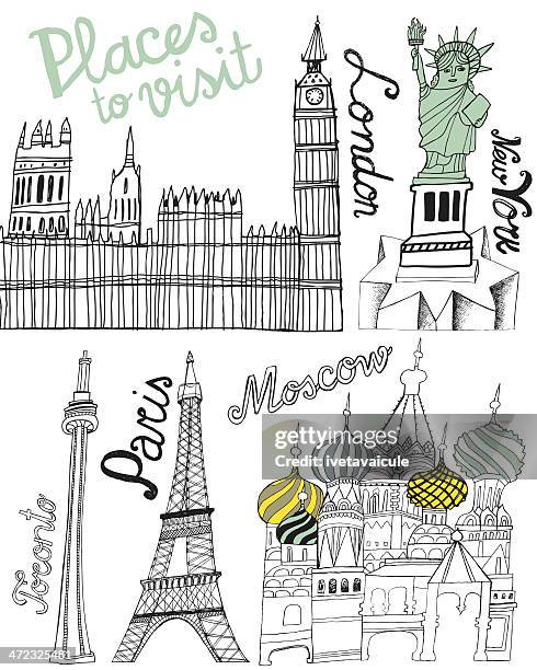 famous world landmarks: big ben, eiffel tower, statue of liberty - cn tower vector stock illustrations