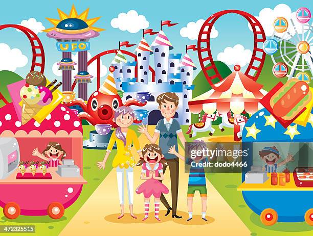 ilustraciones, imágenes clip art, dibujos animados e iconos de stock de feliz familia en el parque de diversiones - carnival ride