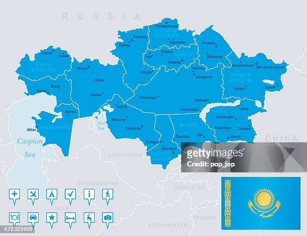 illustrazioni stock, clip art, cartoni animati e icone di tendenza di mappa del kazakistan-membri, città, bandiera, icone di navigazione - kazakhstan