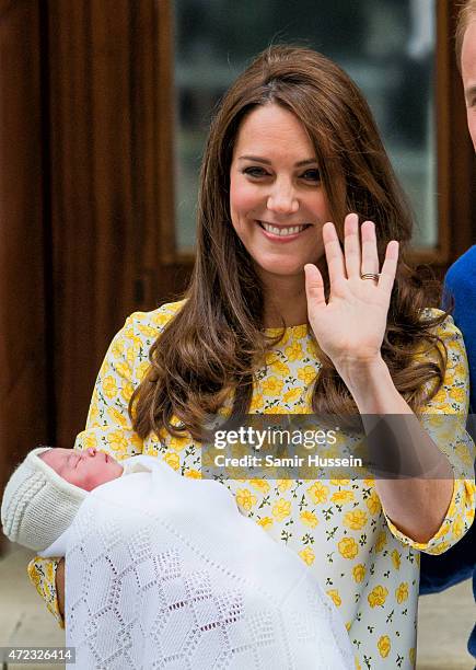 Catherine, Duchess of Cambridge and Prince William, Duke of Cambridge depart the Lindo Wing with their newborn daughter, Princess Charlotte of...