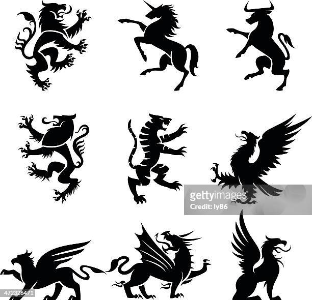 ilustraciones, imágenes clip art, dibujos animados e iconos de stock de heraldry los animales - unicorn