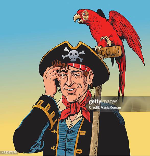 friendly pirate and his parrot - pirate hat stock illustrations