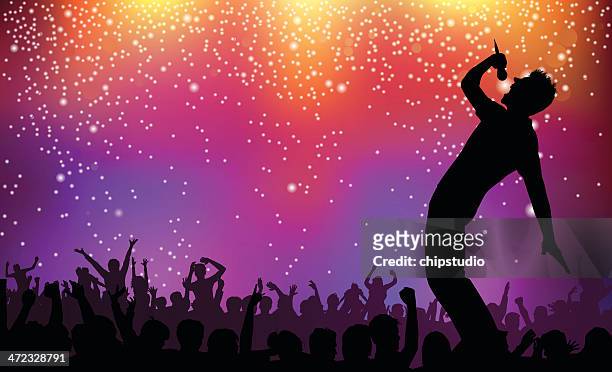 stockillustraties, clipart, cartoons en iconen met silhouette of singer and crowd on rock concert illustration - popmuzikant