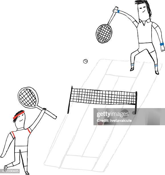 sketchy drawing of men playing tennis - tennis net white background stock illustrations