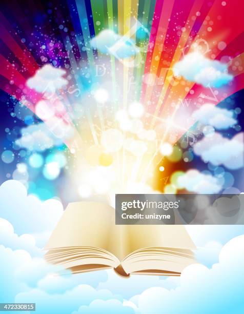 holly book on defocused background - floating particles stock illustrations