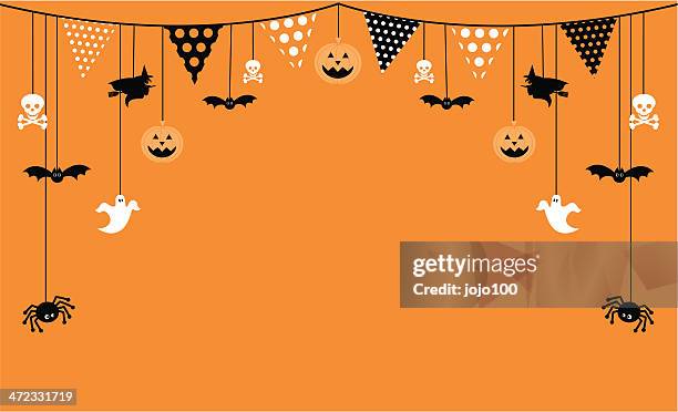 halloween einladung mit bunting und symbole - spider stock-grafiken, -clipart, -cartoons und -symbole