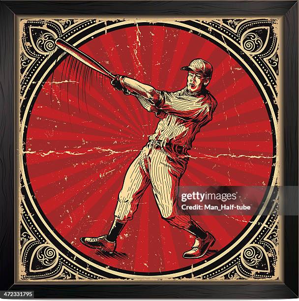 bildbanksillustrationer, clip art samt tecknat material och ikoner med vintage baseball batter card with red and gold elements - lagsportsuniform