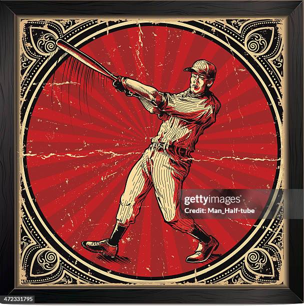 vintage baseball batter card with red and gold elements - batting sports activity stock illustrations