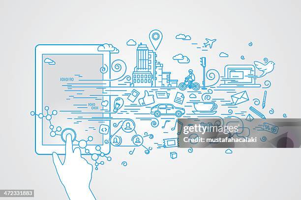 tablet computer and cloud computing - friends playing video games stock illustrations