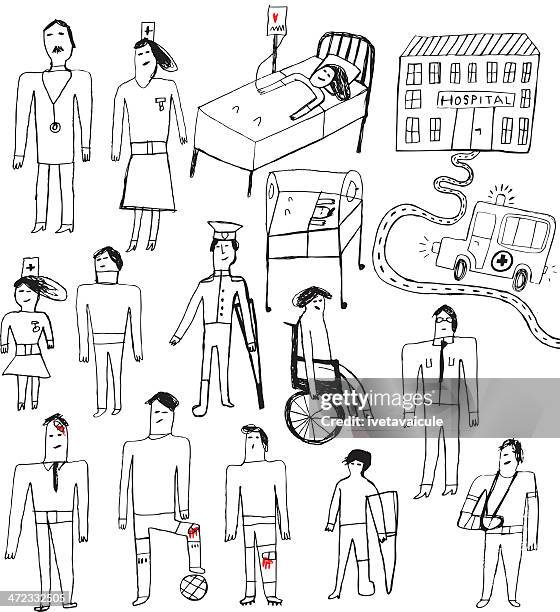 bildbanksillustrationer, clip art samt tecknat material och ikoner med sketchy drawing set of doctors, nurses and patients and attributes - obstetrician