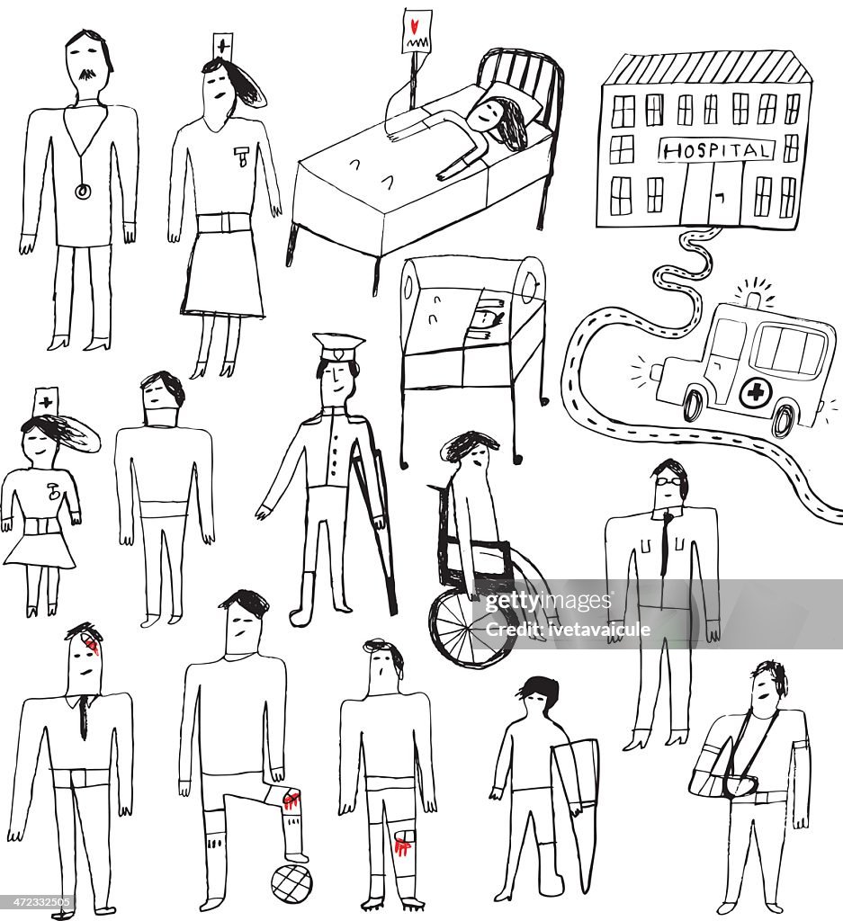 Sketchy drawing set of doctors, nurses and patients and attributes