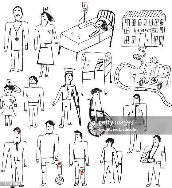 sketchy drawing set of doctors, nurses and patients and attributes - orthopedic surgeon stock illustrations