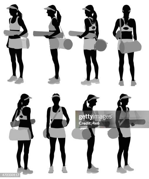 female athlete with exercise mat and gym bag - daisy dukes stock illustrations