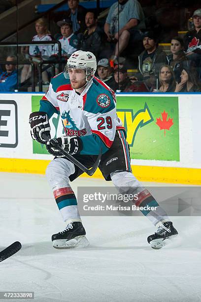 Leon Draisaitl of Kelowna Rockets skates against the Portland Winterhawks on May 1, 2015 at Prospera Place in Kelowna, British Columbia, Canada.