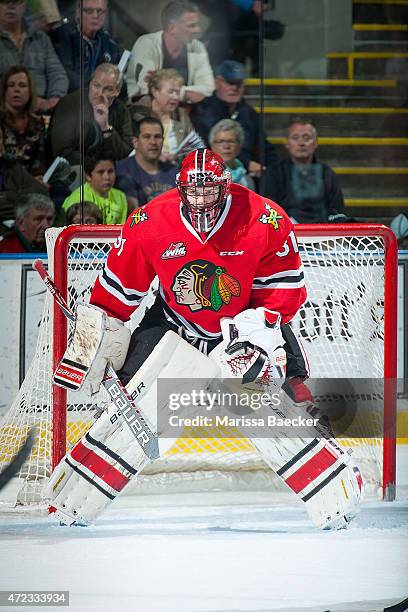 Adin Hill of Portland Winterhawks defends the net against the Kelowna Rockets during game 5 of the Western Conference Final on May 1, 2015 at...