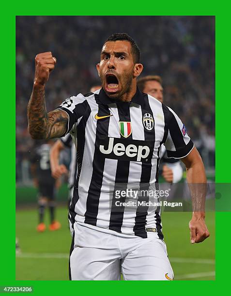Carlos Tevez of Juventus celebrates as he scores their second goal from a penalty during the UEFA Champions League semi final first leg match between...