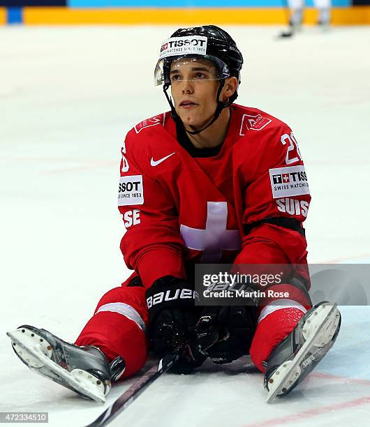 Reto Suri of Switzerland looks dejected during the IIHF World Championship group A match between Switzerland and Latvia at o2 Arena on May 6, 2015 in...