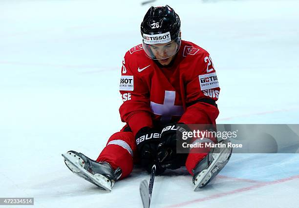 Reto Suri of Switzerland looks dejected during the IIHF World Championship group A match between Switzerland and Latvia at o2 Arena on May 6, 2015 in...