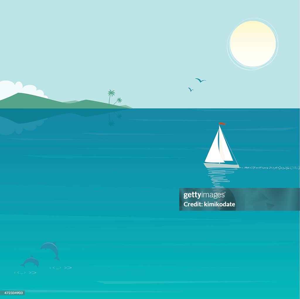 Sea scenery with yacht and dolphins