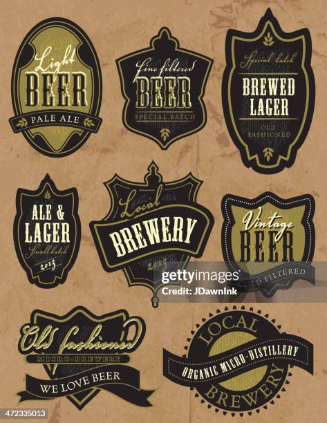 ilustraciones, imágenes clip art, dibujos animados e iconos de stock de set of old fashioned vintage estilo etiquetas de cerveza - lager