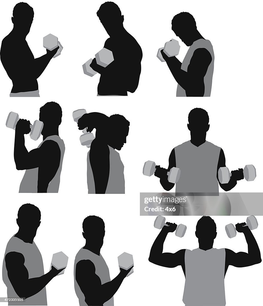Muscular man exercising with dumbbells