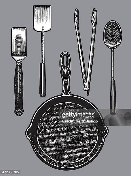 ilustraciones, imágenes clip art, dibujos animados e iconos de stock de sartén y la cocina herramientas de espátula, pinzas, cuchara - cuchara-de-helado